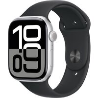 Apple Watch Series 10 46 мм (алюминиевый корпус, серебристый/черный, спортивный силиконовый ремешок S/M)
